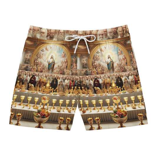 JESUS Feast Men's Mid-Length Swim Shorts - Vibrant Celebration Design